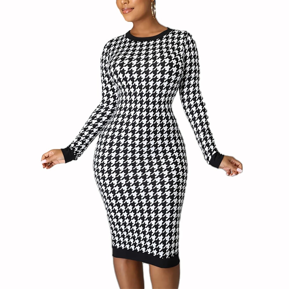 Houndstooth Print Long Sleeve Midi Dress Women 2023 Autumn Winter